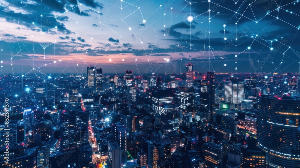 Fototapeta premium Smart city with connecting network and internet of things digital graphics over the skyline