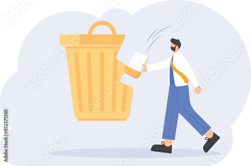 the concept of delete cache, junk, and cookies. illustration of a man using an eraser to erase the trash can. flat design. can be used for elements, landing pages, UI, websites

