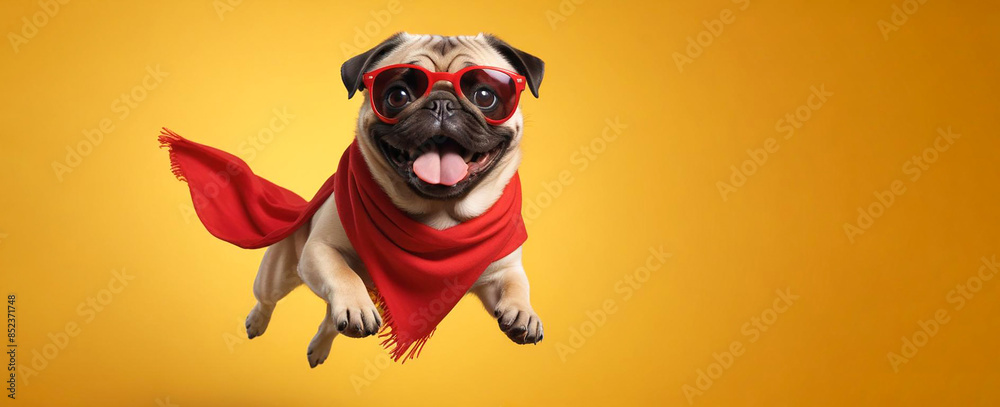 Cute pug dog with a cloak and glasses jumping and flying on blue, yellow background with copy space, superhero dog, funny pet, leader, funny animal Cute pug dog with a cloak and glasses jumping and flying on blue, yellow background with copy space, superhero dog, funny pet, leader, funny animal