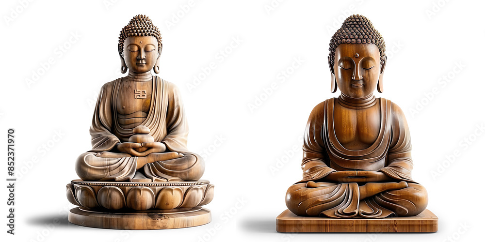 A set of hand-carved wooden sculptures of a serene Buddha isolated on a transparent background A set of hand-carved wooden sculptures of a serene Buddha isolated on a transparent background