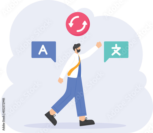 Translator and interpreter. A man translates a sentence or words from the source language to the target language. Change words from one language to another. occupation or profession. illustration

