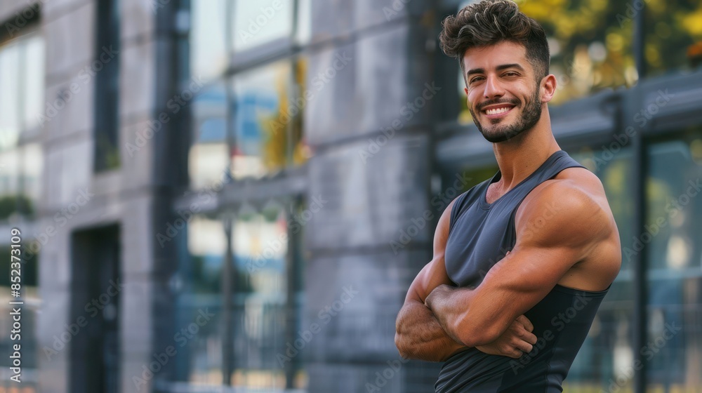 Fit healthy young handsome man after a workout at work.