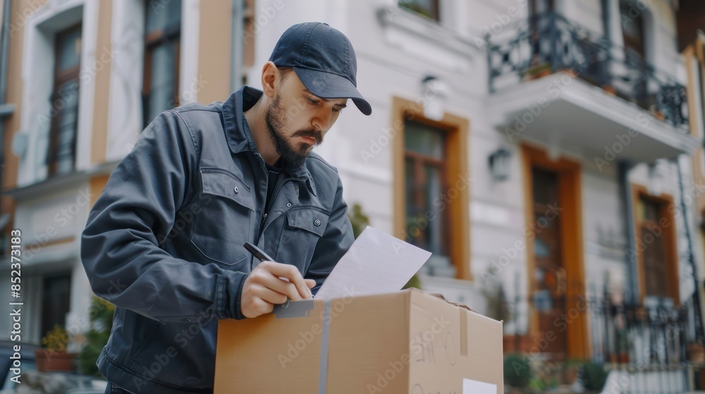 Worker from professional man and van delivery company writes something on paper while removing stuff on house moving day. Loader in uniform workwear and baseball cap fills out invoice on Worker from professional man and van delivery company writes something on paper while removing stuff on house moving day. Loader in uniform workwear and baseball cap fills out invoice on