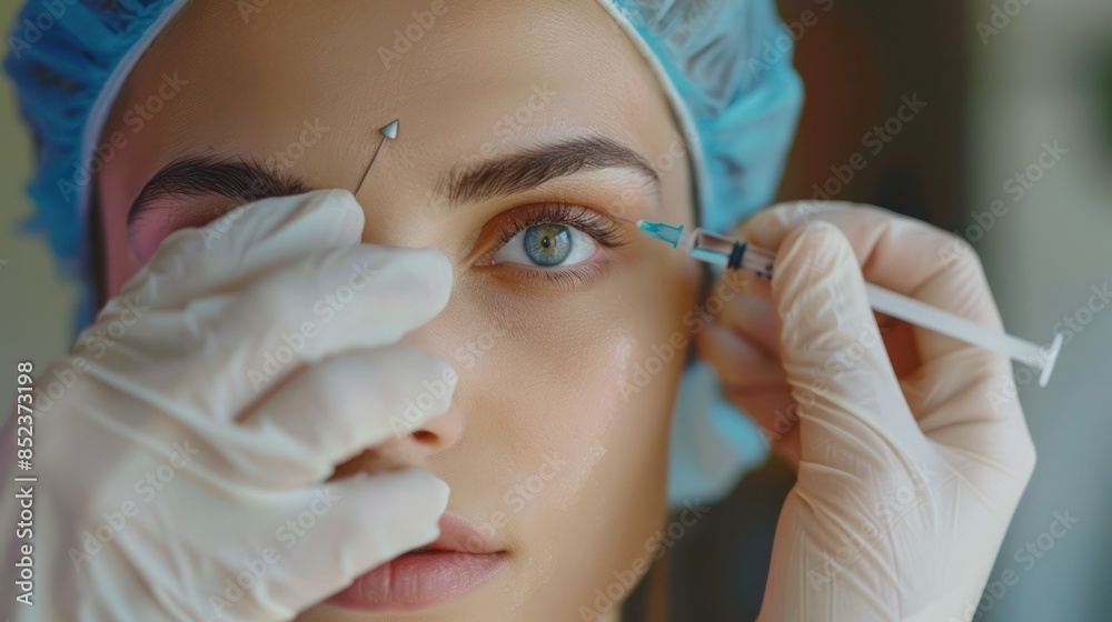 Young lady receives filler injection in lower eye lid area done by specialist at beauty clinic. Closeup woman's head in medical cap, Aesthetic facial treatment concept. Young lady receives filler injection in lower eye lid area done by specialist at beauty clinic. Closeup woman's head in medical cap, Aesthetic facial treatment concept.