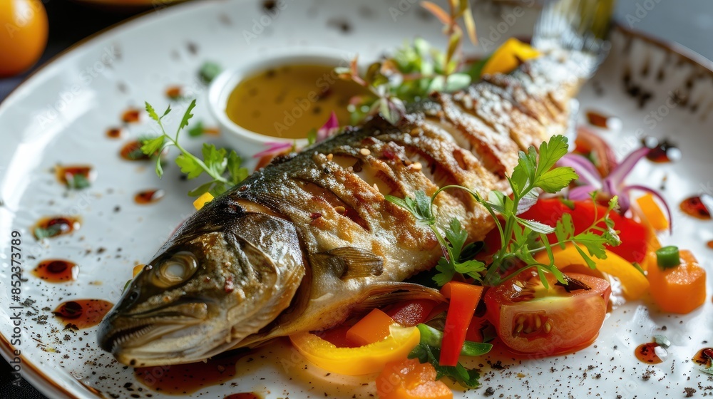 Colorful vegetable garnish accompanies fried fish cooked in oil Colorful vegetable garnish accompanies fried fish cooked in oil