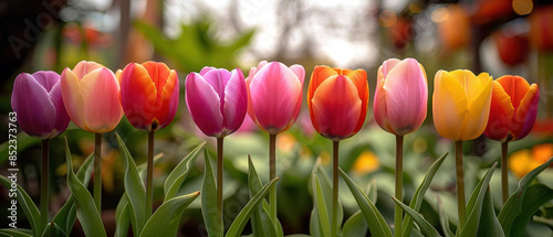 Close-up of colorful tulips, vibrant petals, fresh spring morning, lush green leaves, spring for the first time photo