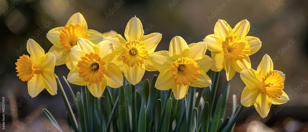 Close-up of yellow daffodils, bright petals, springtime freshness, sunlight, spring for the first time