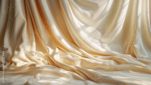 Elegant beige fabric backdrop, featuring soft shadows and warm tones, ideal for versatile product presentations. Includes copy space. © growth.ai