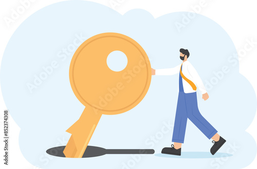 Key Performance Indicators. The key to success and achieving business targets. open up opportunities. Entrepreneurs use the golden key to reach their targets and unlock business success. illustration
