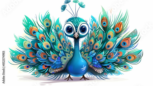 Cute Cartoon Peacock Illustration with Big Eyes and Colorful Feathers