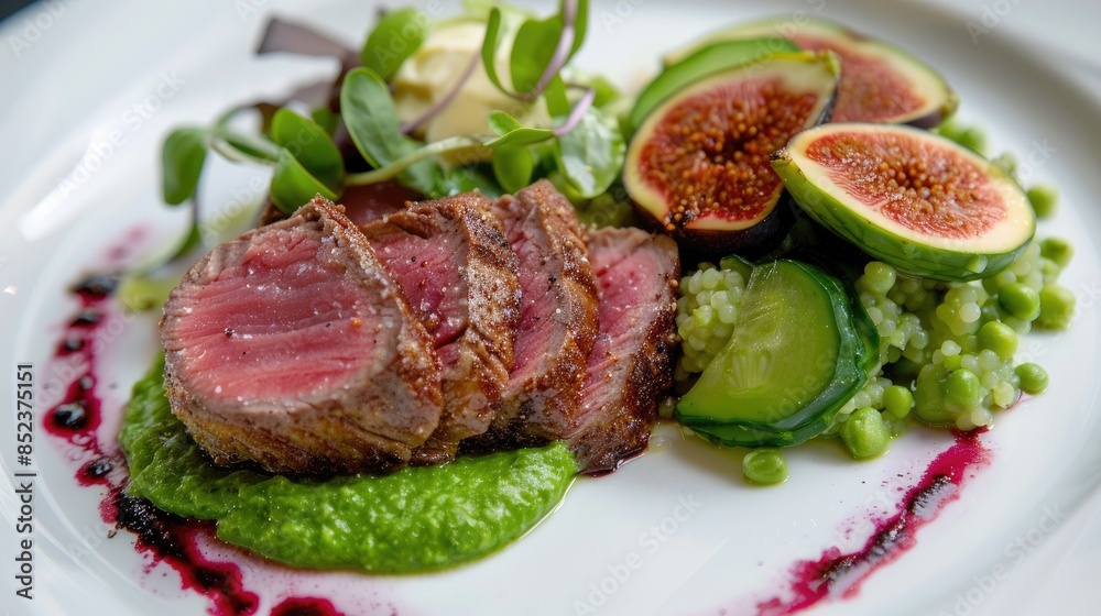 Tuna steak served with peppermint pea puree crispy cucumber salad and fig slices Tuna steak served with peppermint pea puree crispy cucumber salad and fig slices