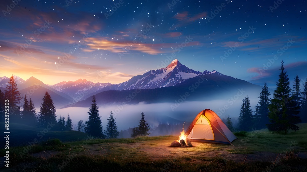 A cozy campsite with a tent, campfire, and starry night sky in the background. List of Art Media: Photograph inspired by Spring magazine.