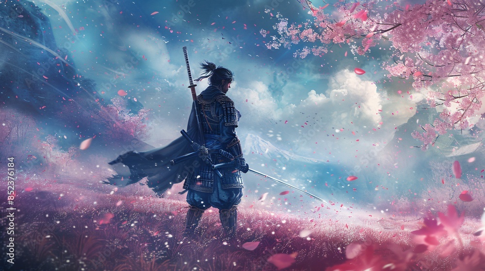 Naklejka premium Samurai in a Field of Cherry Blossoms