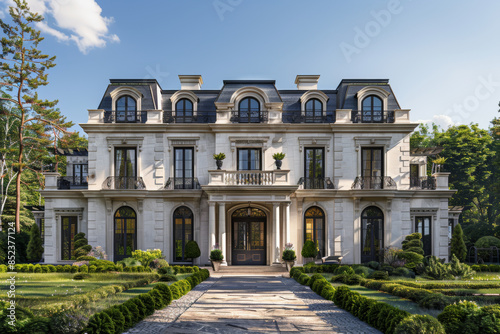 front view of large white french country mansion
