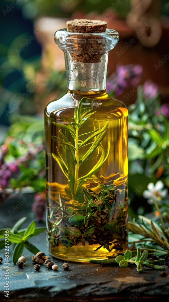 A bottle of oil with herbs in it A bottle of oil with herbs in it
