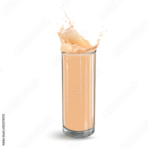 A splash of coffee with milk, tea with milk in a cylindrical glass. Cold drink. Iced coffee. Vector 3d realistic dynamic illustration isolated on white background.