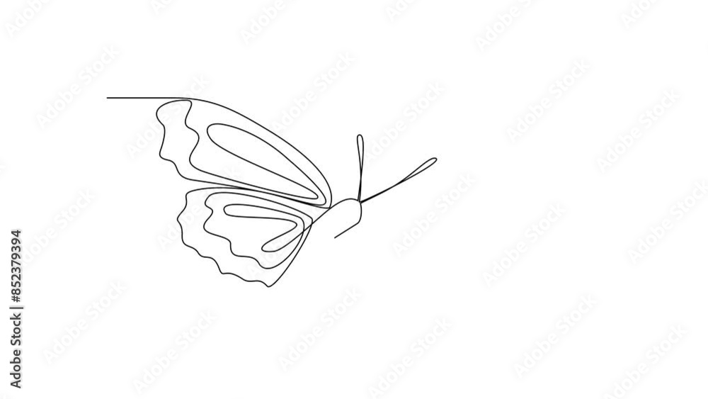 Animated self drawing of 
Butterflies are flying and will land on flowers video design illustration. Animal themes design concept in simple linear style. Beautiful animal with variance body colors.