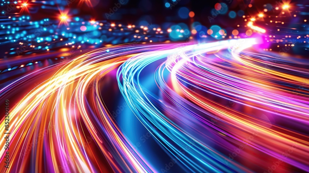 Obraz premium High-speed fiber optic cables with light trails. speed line, futuristic background for 5g or 6g technology wireless data transmission