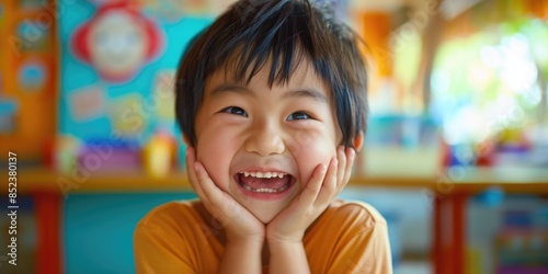 Close up of elementary student looking at camera while laughing at classroom with blurring background. Portrait of joyful children with casual cloth smiling to camera while studying at school. AIG42.