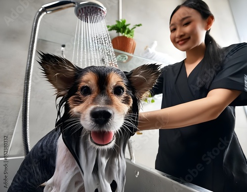 A people showers a dog in a grooming salon and focus of the camera is on the person's hands  photo