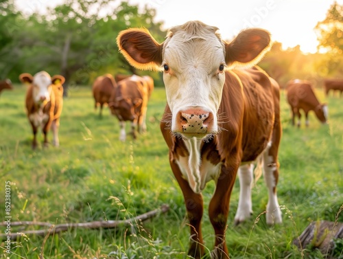 Medium shot of Cows in the pasture, wide angle, cinematic, golden hour, clear sky, close up, low camera position, bokeh, shallow depth of field © Deanmon