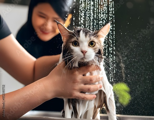A people showers a cat in a grooming salon and focus of the camera is on the person's hands photo