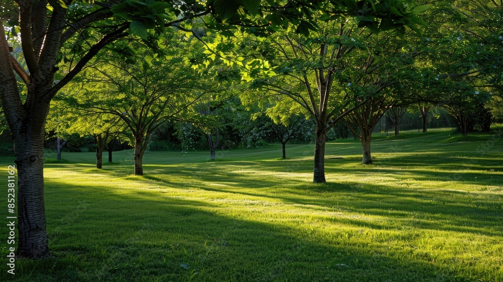 Cherry trees photography showcasing green and thriving foliage basking in the warm afternoon sunlight