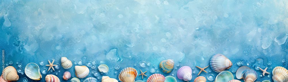 Seashells on a blue, blurred background. Perfect for summer or ocean themed projects. Seashells on a blue, blurred background. Perfect for summer or ocean themed projects.