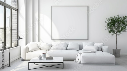 A modern living room with a white sofa, coffee table, and blank poster on the wall in a bright interior, Generative AI. hyper realistic  photo