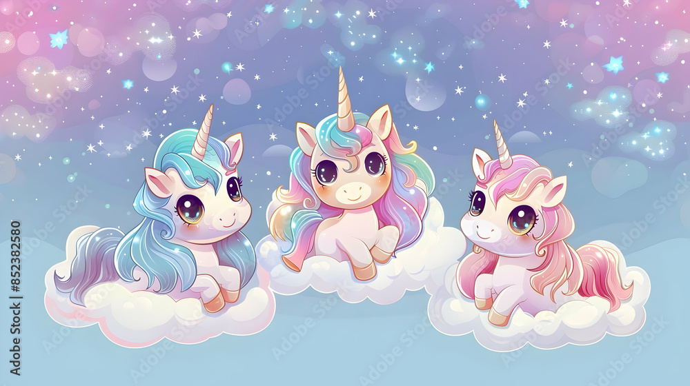 custom made wallpaper toronto digitalCute Cartoon Unicorns Sitting on Clouds with Stars and Bokeh Illustration