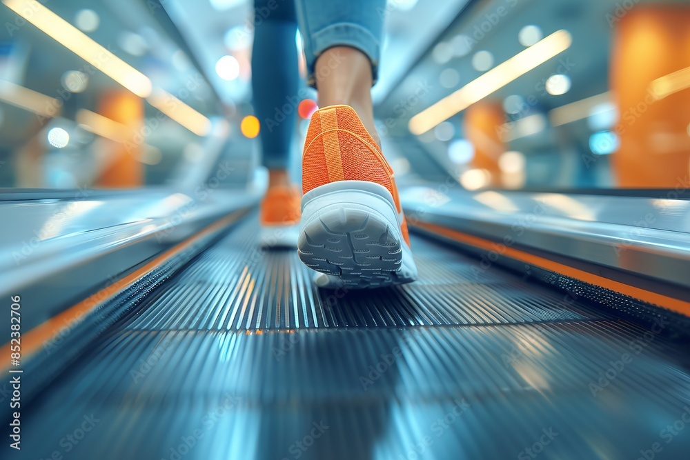 Fototapeta premium A close up shot of a persons feet walking on a moving sidewalk in a modern building, with the floor and background blurred