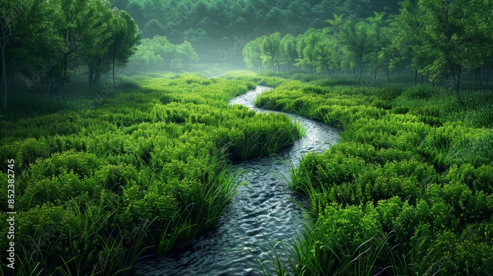 A stream cuts through a vibrant green field, creating a striking contrast with the surrounding lush vegetation hyper realistic A stream cuts through a vibrant green field, creating a striking contrast with the surrounding lush vegetation hyper realistic