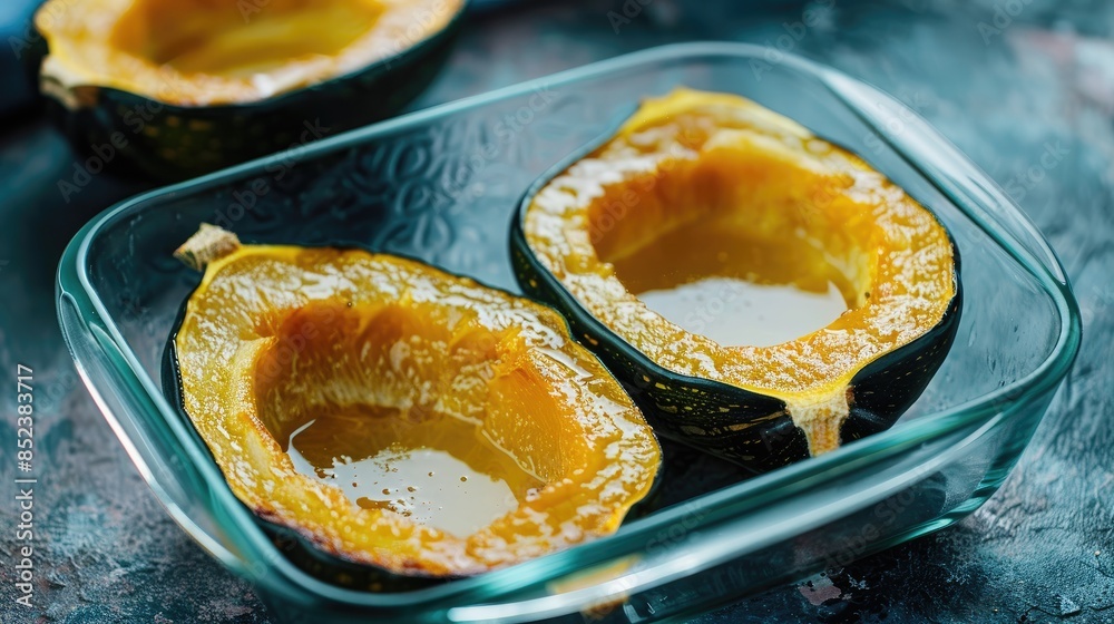 Acorn squash halves baked with oiled skins in a glass baking dish Acorn squash halves baked with oiled skins in a glass baking dish
