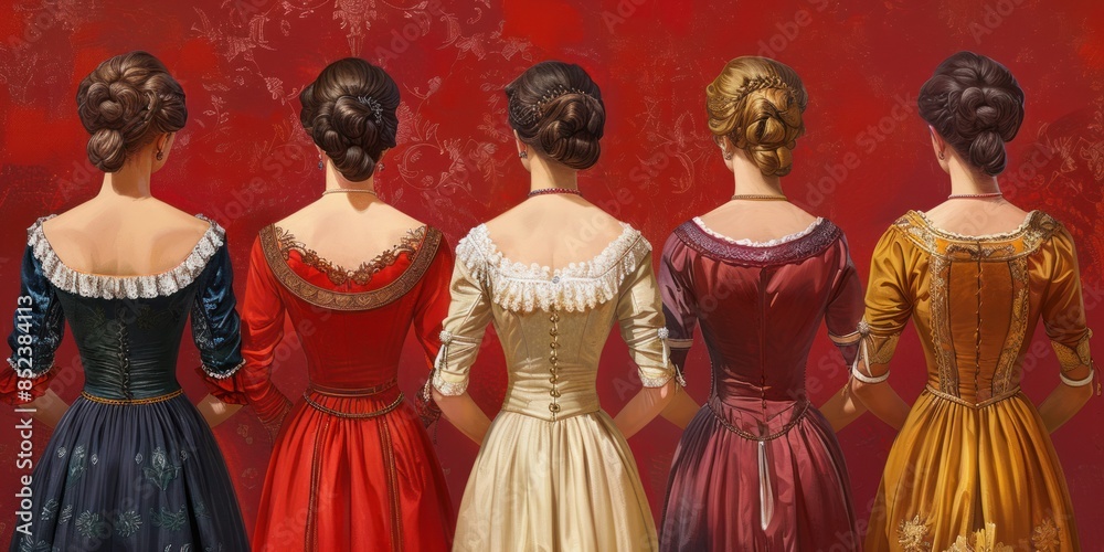 Five Women in Elegant Dresses Facing a Red Wall Five Women in Elegant Dresses Facing a Red Wall