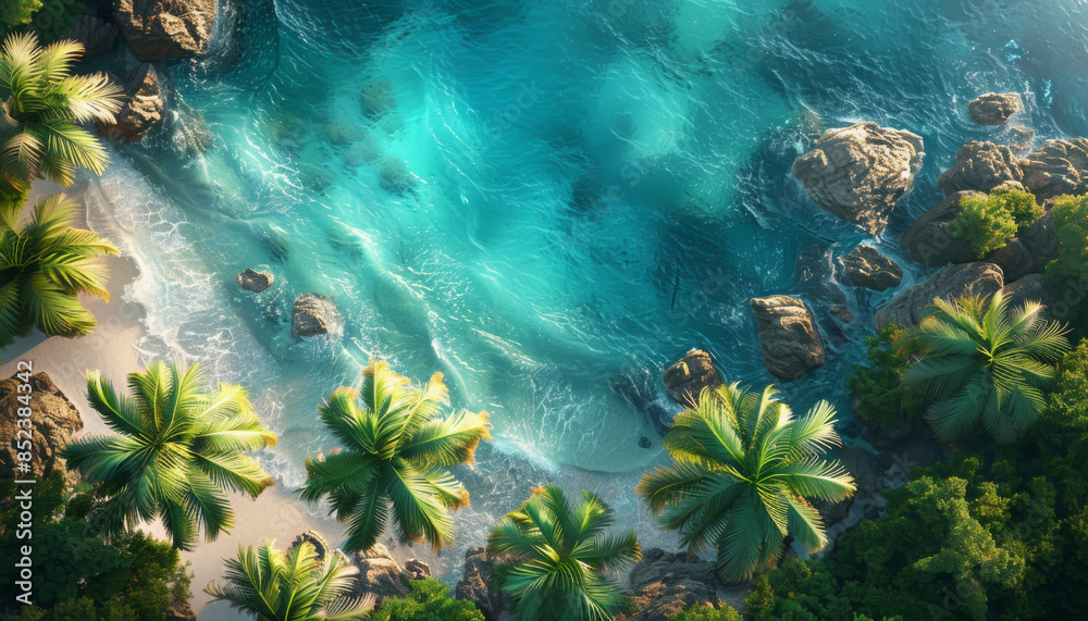 Obraz premium aerial view of the tropical island with palm trees and turquoise lagoon