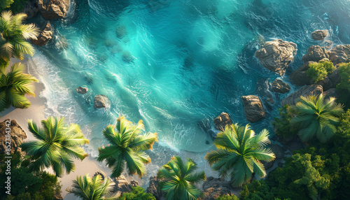 aerial view of the tropical island with palm trees and turquoise lagoon © Rangga Bimantara