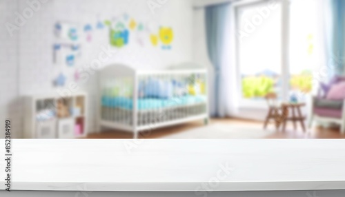 Empty desk for product display in defocused children baby room background