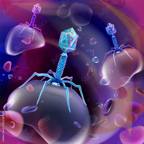 The beneficial bacteriophage virus in the human internal environment destroys harmful bacteria. Vector illustration. Phage therapy.