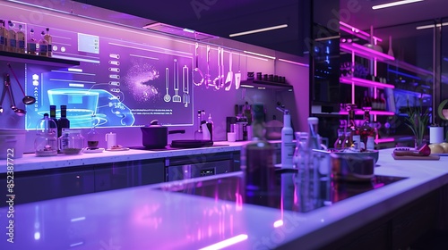 A futuristic kitchen setup featuring a holographic recipe assistant that guides users through cooking steps, an AI-powered food waste tracker, and sleek, touch-sensitive cabinetry, set against a solid