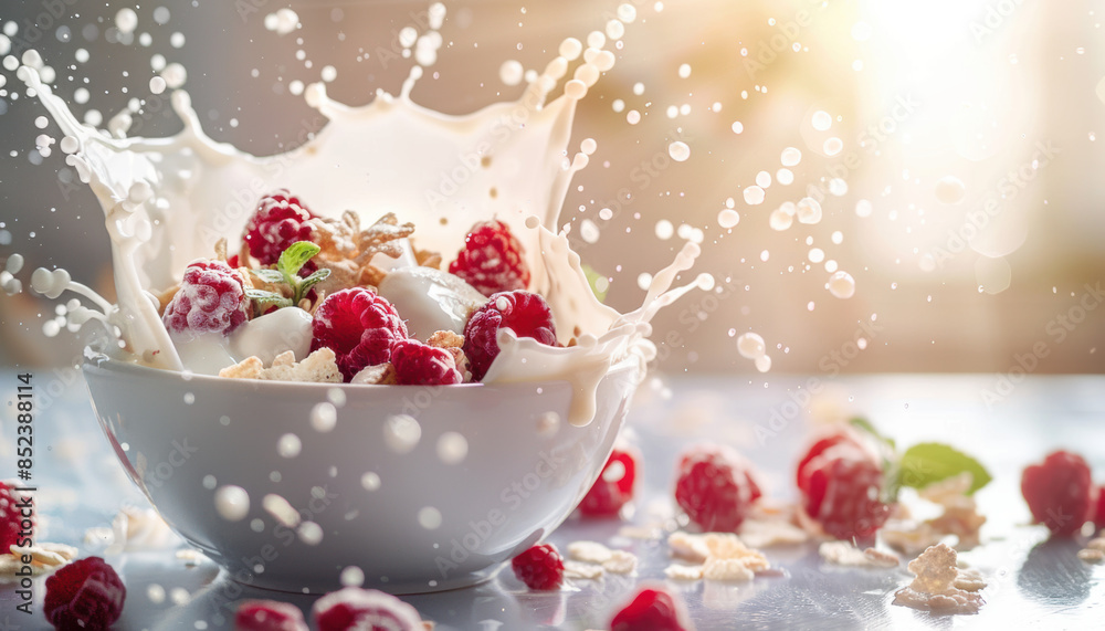 A bowl of cereal with raspberries and milk splashing out of it A bowl of cereal with raspberries and milk splashing out of it