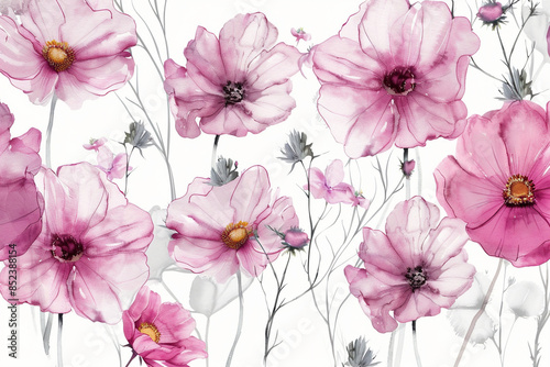 Watercolor pink wildflowers on a white background.