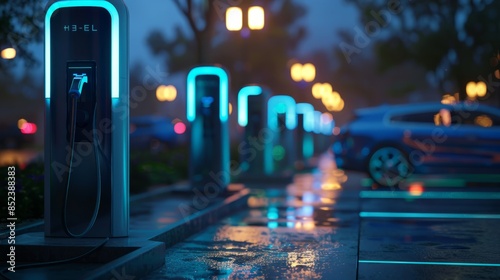 Electric car charging station, downtown sustainable city, twilight, soft LED lighting, close-up, energy-efficient design hyper realistic 