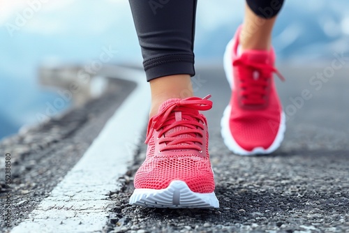 A close-up photo of a womans red running shoes as she walks on a pavement path
