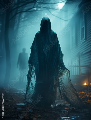 a man in a hooded robe walks through a foggy forest at night