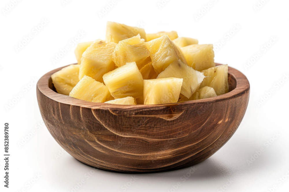 pineapple cubes in wooden bowl isolated on white background pineapple cubes in wooden bowl isolated on white background