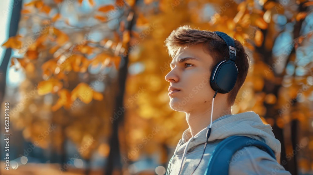 Portrait of young man on a morning jogging in the autumn park, man listening to music with headphones. Portrait of young man on a morning jogging in the autumn park, man listening to music with headphones.