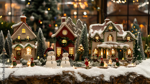 Snowy Christmas Village with Snowmen and Lights Illustration