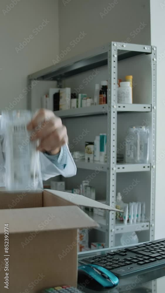 Pharmacist collects order in a box at a pharmacy for online buyer. Caucasian man in white robe preparing goods for delivery. He checking full supervisor medicine list on monitor. Vertical shot. Pharmacist collects order in a box at a pharmacy for online buyer. Caucasian man in white robe preparing goods for delivery. He checking full supervisor medicine list on monitor. Vertical shot.