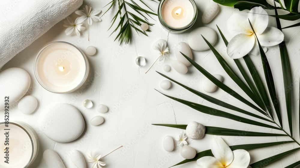 Spa setting with white stones candles palm leaf and white flower on white background Spa setting with white stones candles palm leaf and white flower on white background