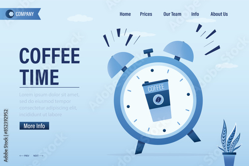 Coffee time, landing page template. Ringing alarm clock with coffee cup on clock face. Time for break or time out. Take coffee to go. Reminder of the schedule and lifestyle.